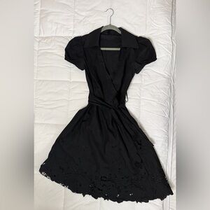 BCBGMaxAzria Black Puff Sleeve Wrap Dress with Eyelet Hem